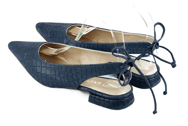 Denim blue women's slingback shoes. Pointed toe. Flat flare heels. Rear view - Florence KOOIJMAN